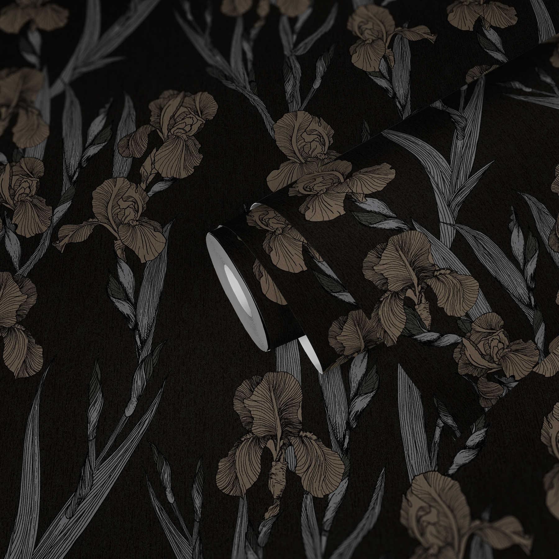             Papier peint à motifs floraux avec des fleurs de style dessin - noir, gris, marron
        