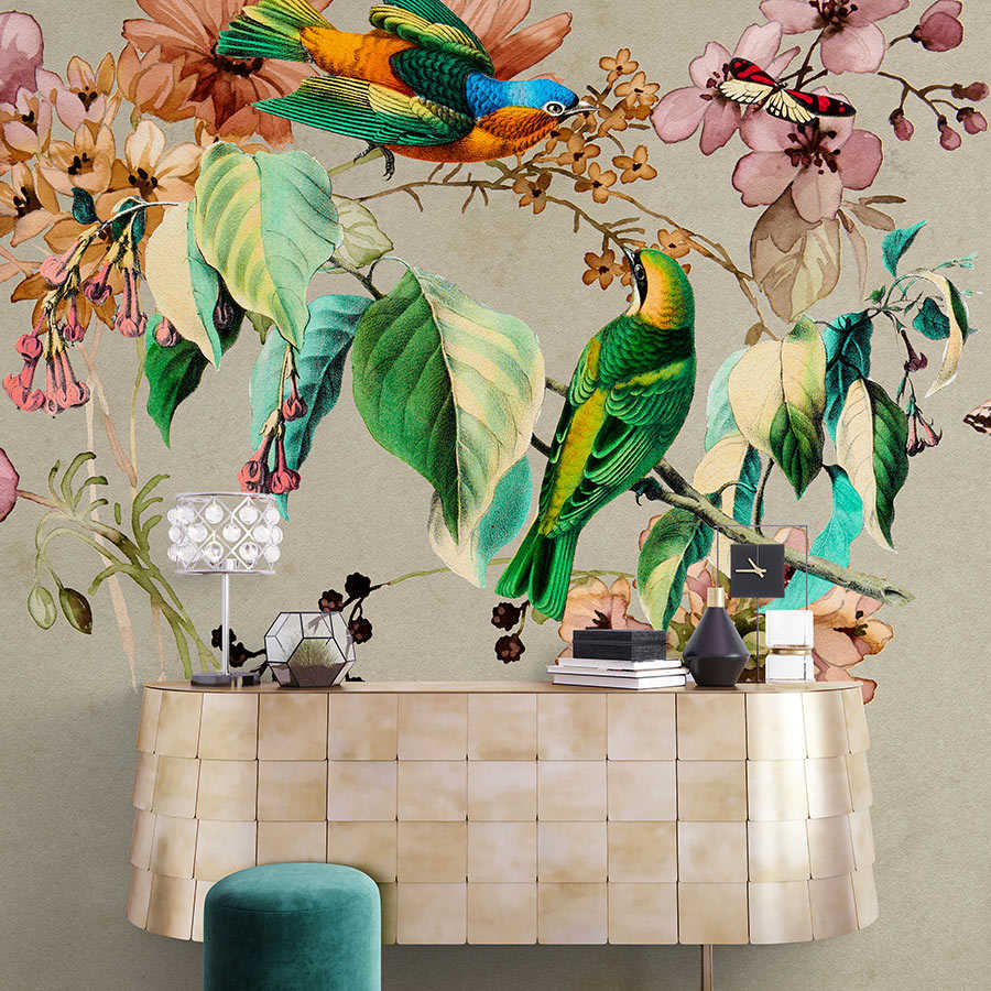 Nido de amor 1 - Mural de pared con flores de acuarela y pájaros de colores

