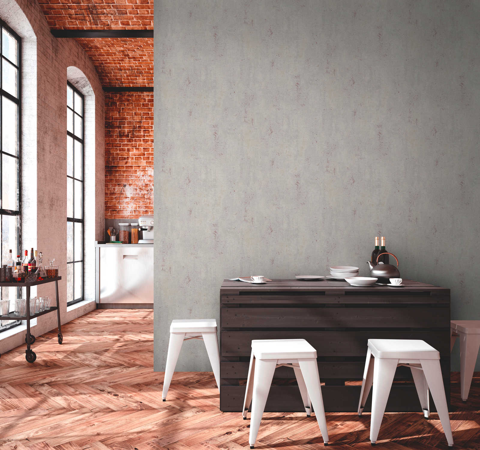             Concrete wallpaper with rustic industrial design - beige, grey, red
        