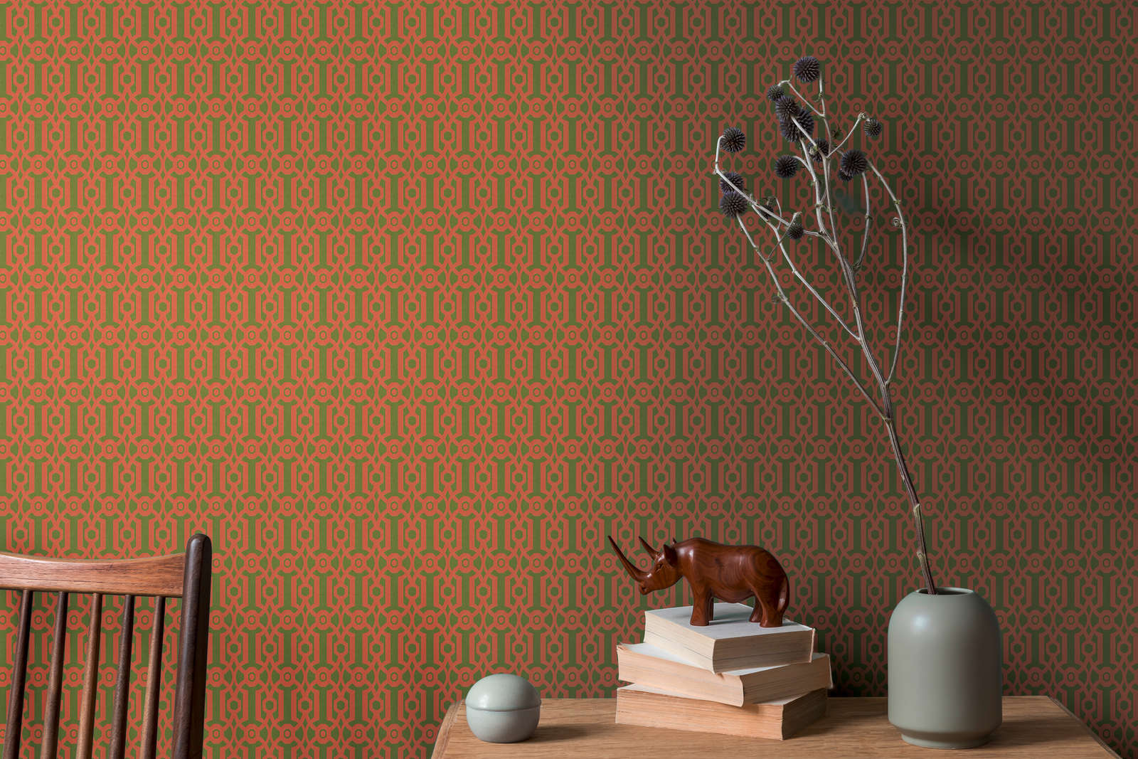             Vliesbehang met grafisch patroon in Engelse stijl - oranje, groen
        