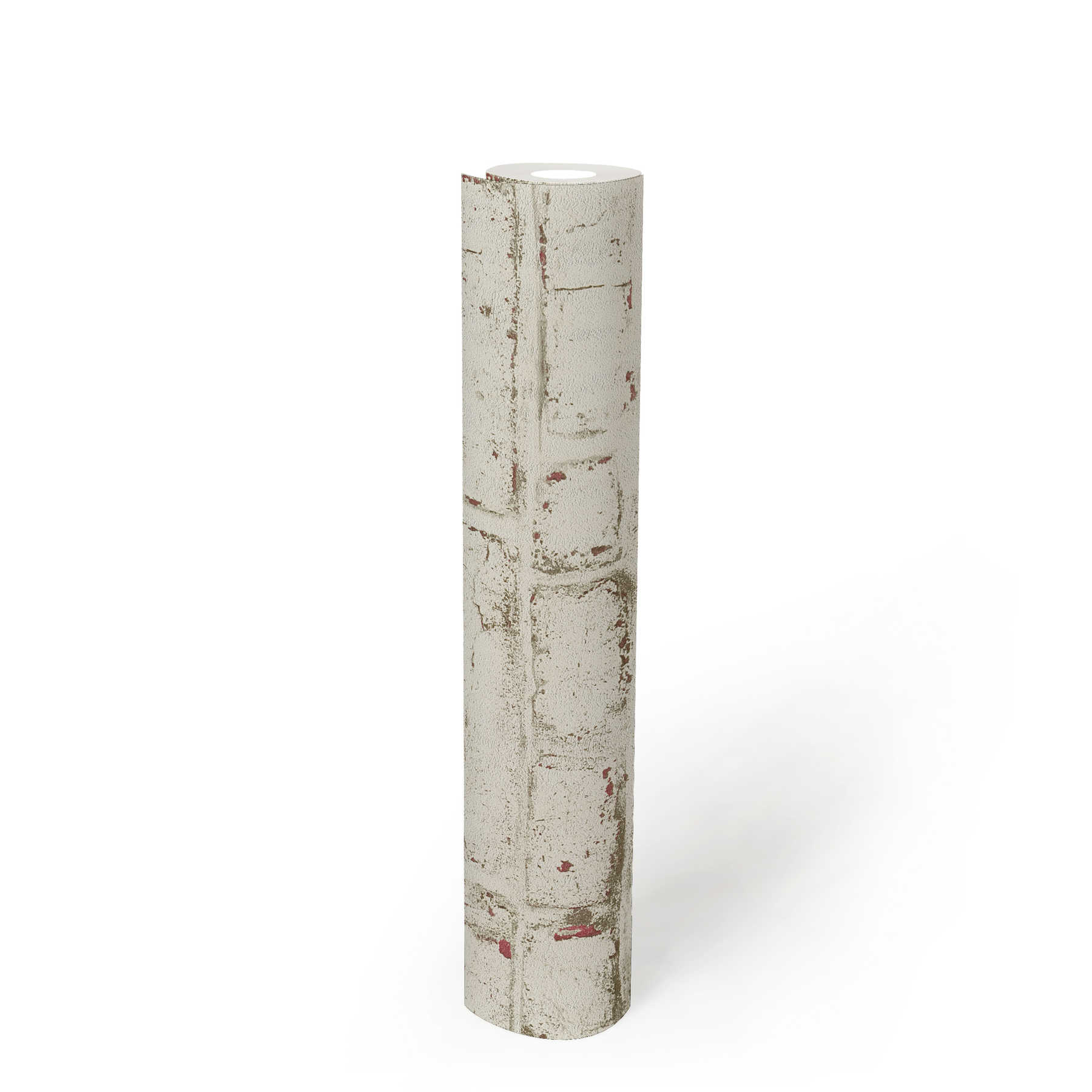             Papier peint aspect pierre avec brique blanche vintage - blanc, rouge, beige
        