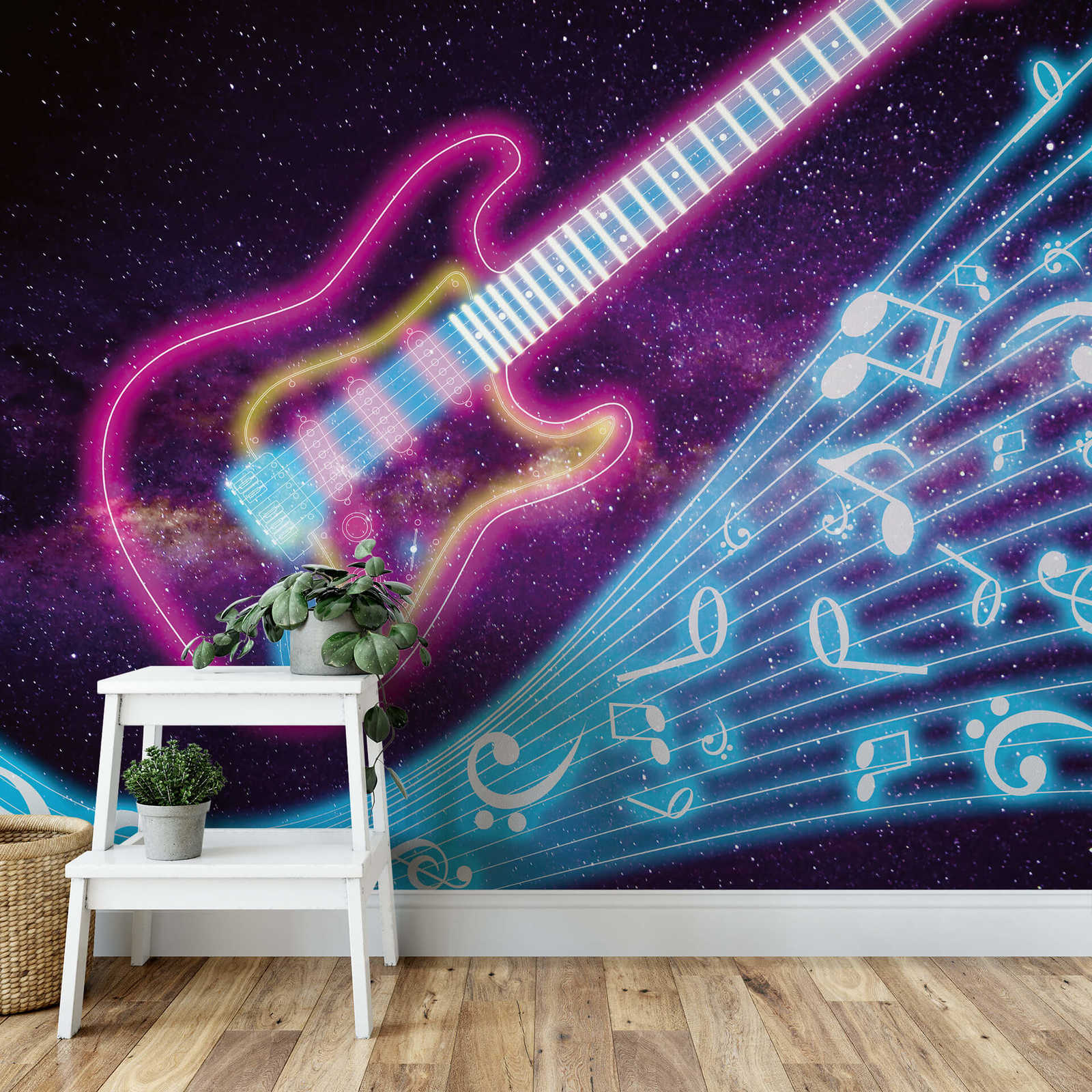            Papel pintado musical con diseño de galaxia y neón - Púrpura, Turquesa
        