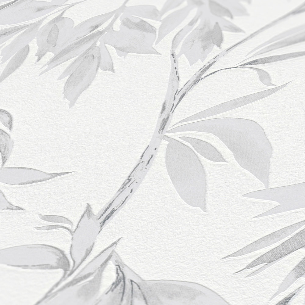             behang bladeren ranken in aquarelstijl - grijs, wit
        