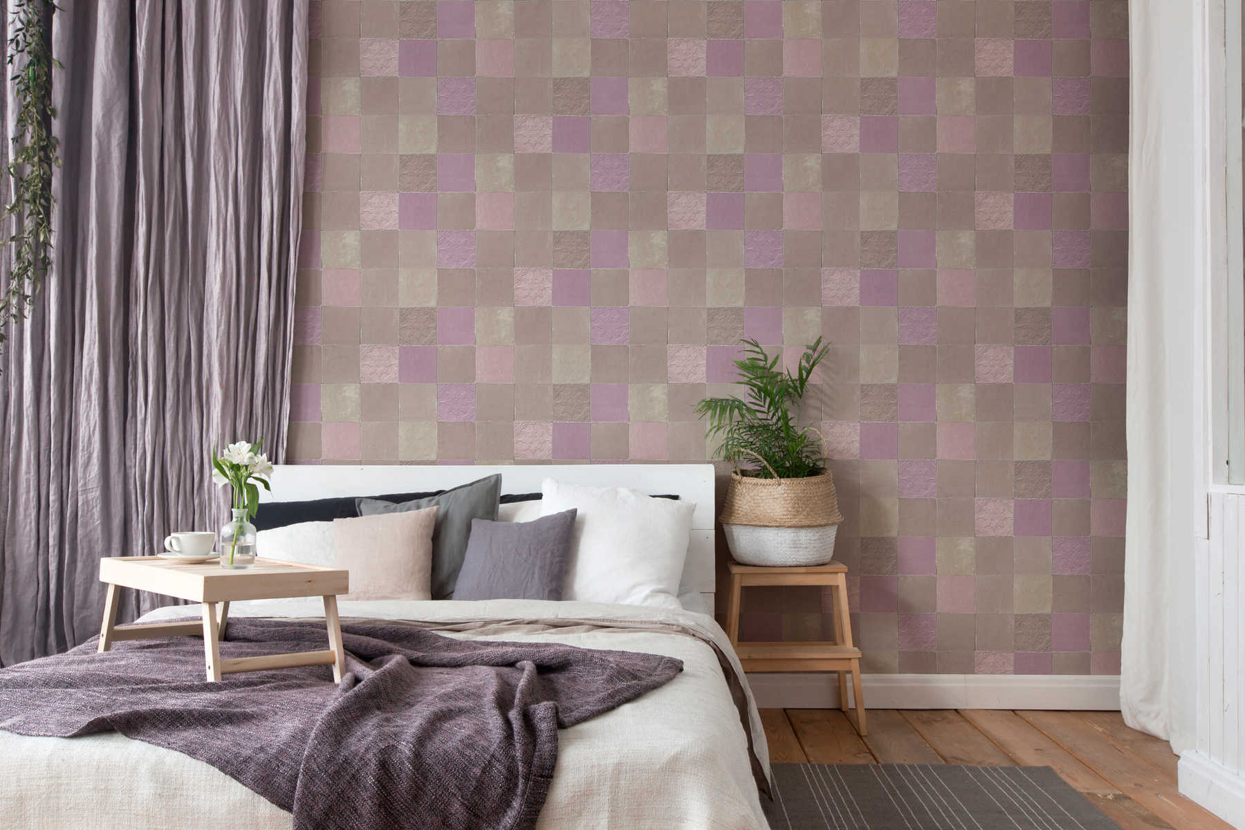             Oriental tile wallpaper - grey, purple, beige
        