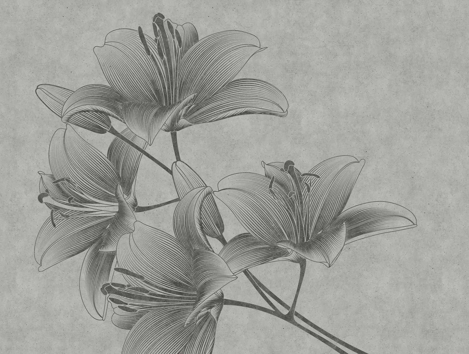             Papel pintado novedad | papel pintado floral gris lirios en estilo line art
        
