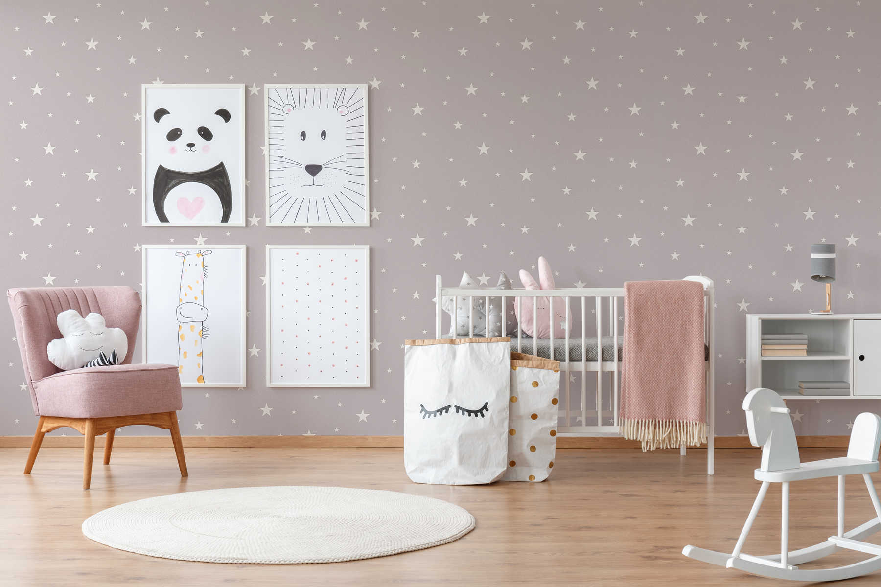             Glow effect nursery wallpaper with luminescent stars - taupe
        