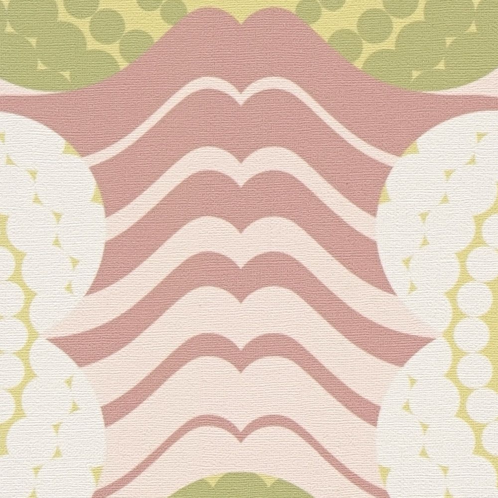             Retrostijl golven en bloemenpatroon op behang met lichte structuur - roze, groen, crème
        