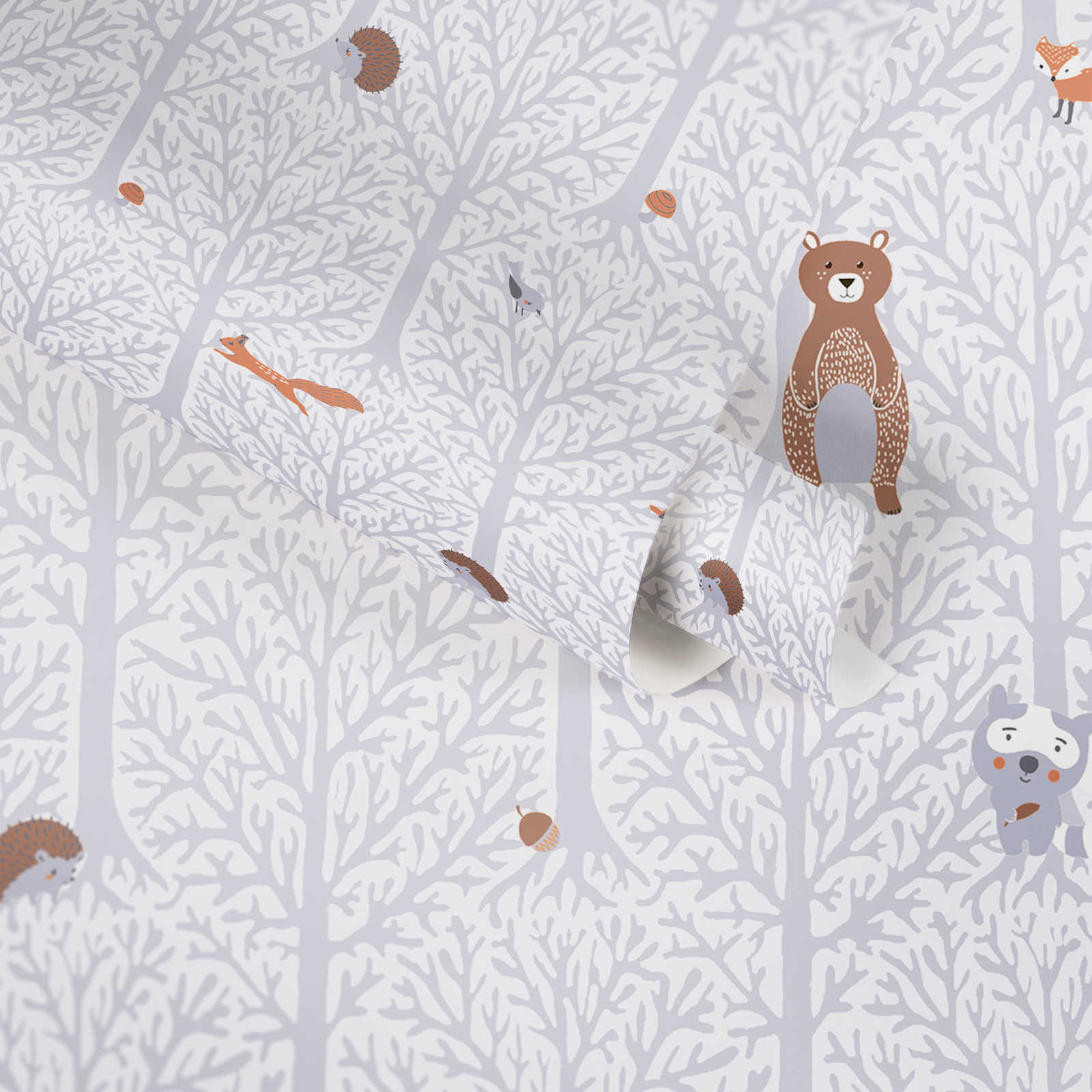             Papel pintado de habitación infantil niñas animales del bosque - gris, blanco, marrón
        
