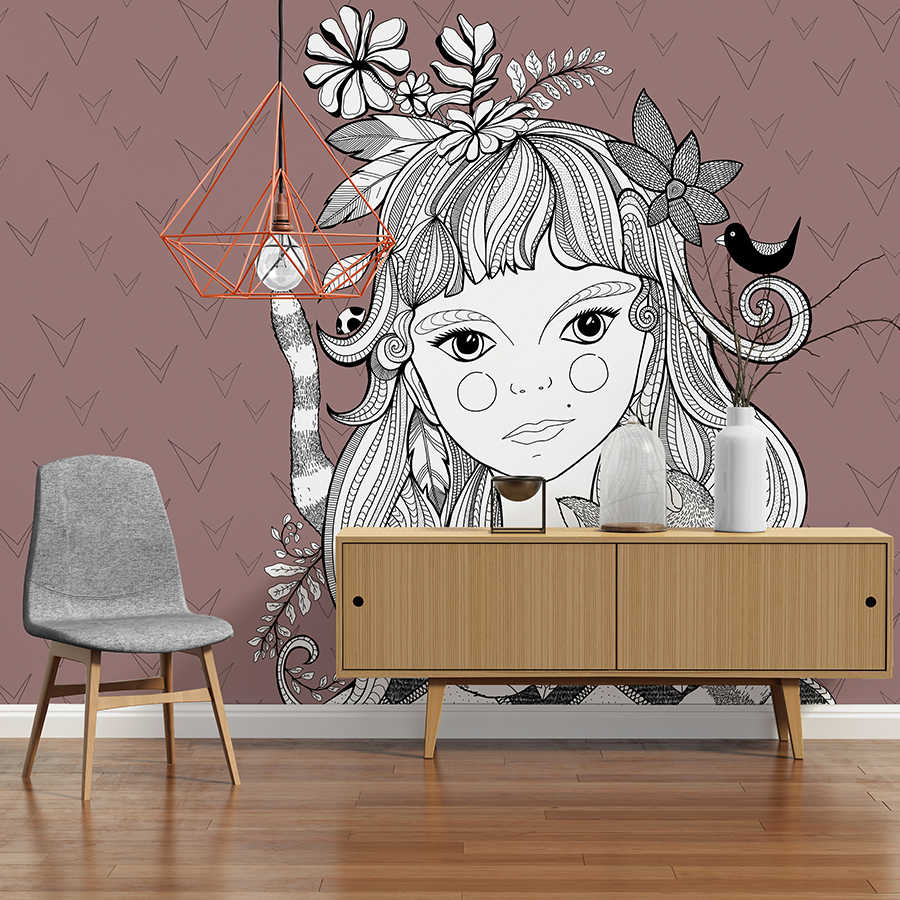         Photo wallpaper girl & cat design in doodle style
    