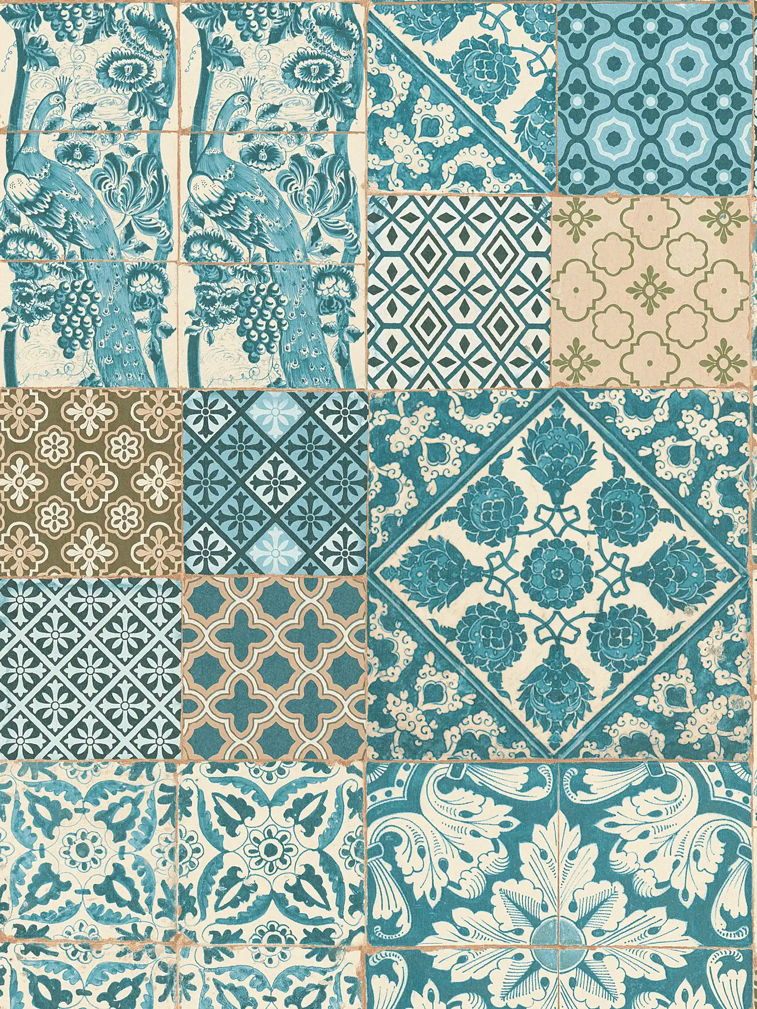         Wallpaper in tile & mosaic design - blue, green, brown
    