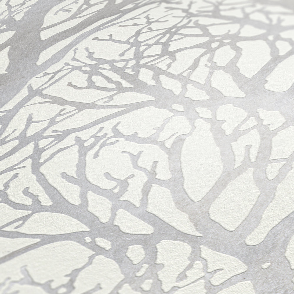             Papier peint gris argenté avec motif de branches et effet métallique - blanc, argenté
        