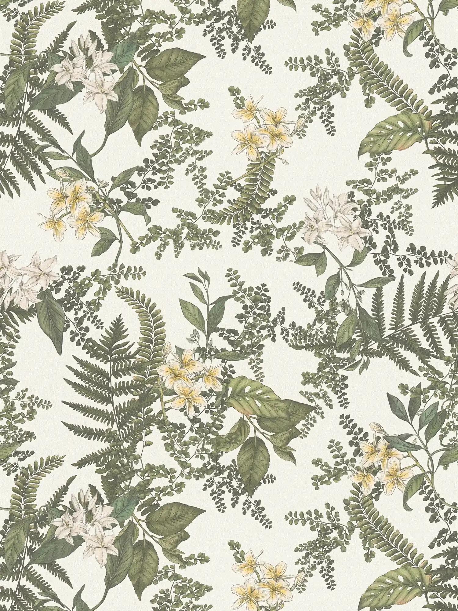 Floral wallpaper modern with flowers & grasses textured matt - white, dark green, yellow
