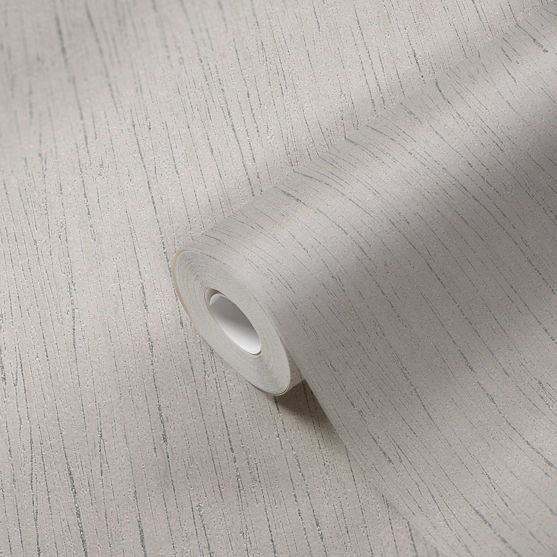             Papel pintado gris de tejido no tejido con motivos rayados en estilo natural
        