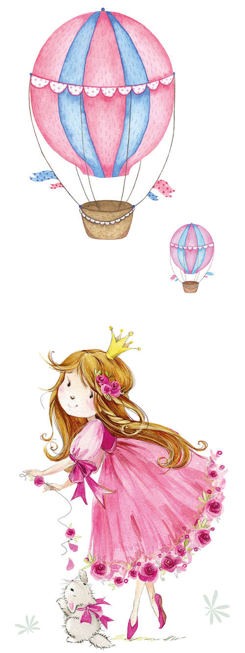             Papel pintado infantil Princesa con globo aerostático sobre vellón liso de nácar
        