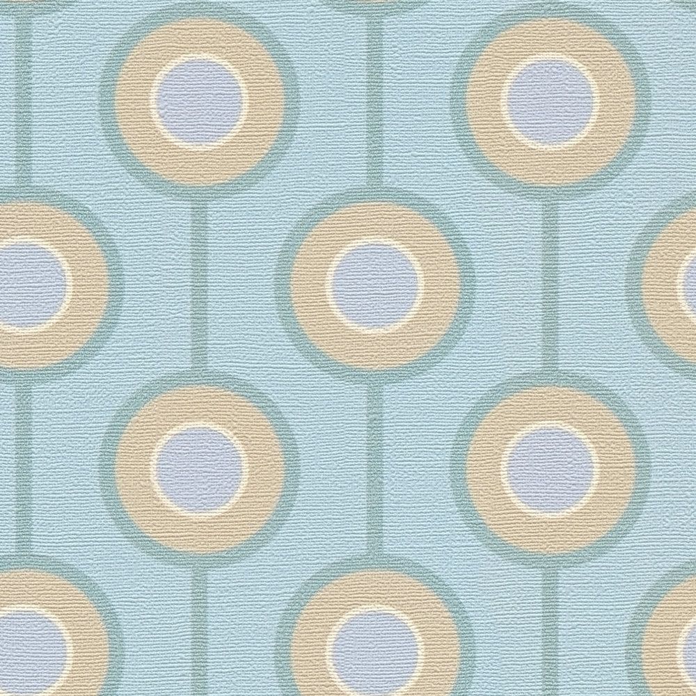             Papel pintado no tejido de textura ligera con motivos circulares retro - turquesa, azul, beige
        
