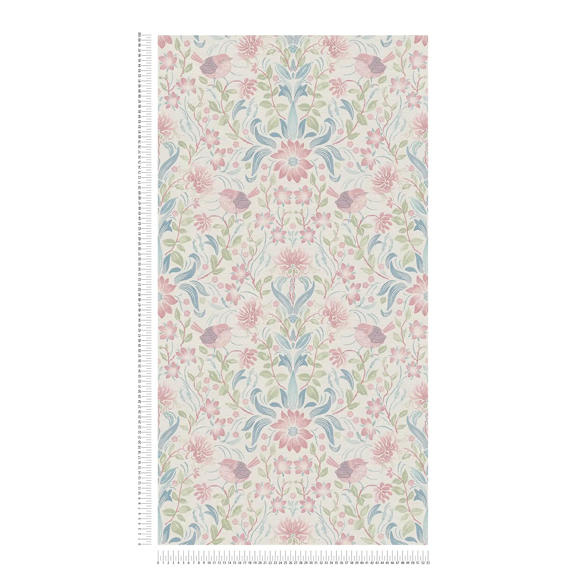             Floral pattern wallpaper with birds - cream, blue, pink
        