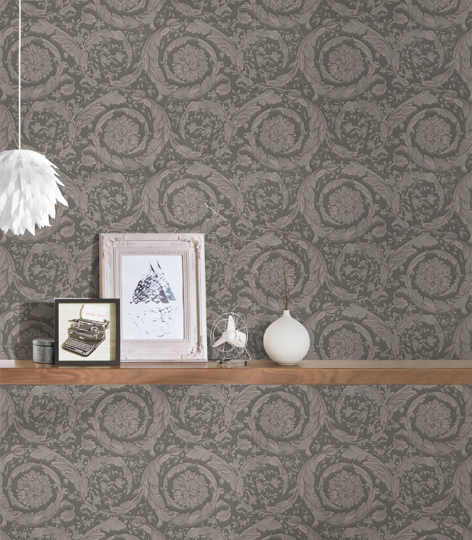             Non-woven wallpaper VERSACE ornament pattern floral - grey, metallic
        