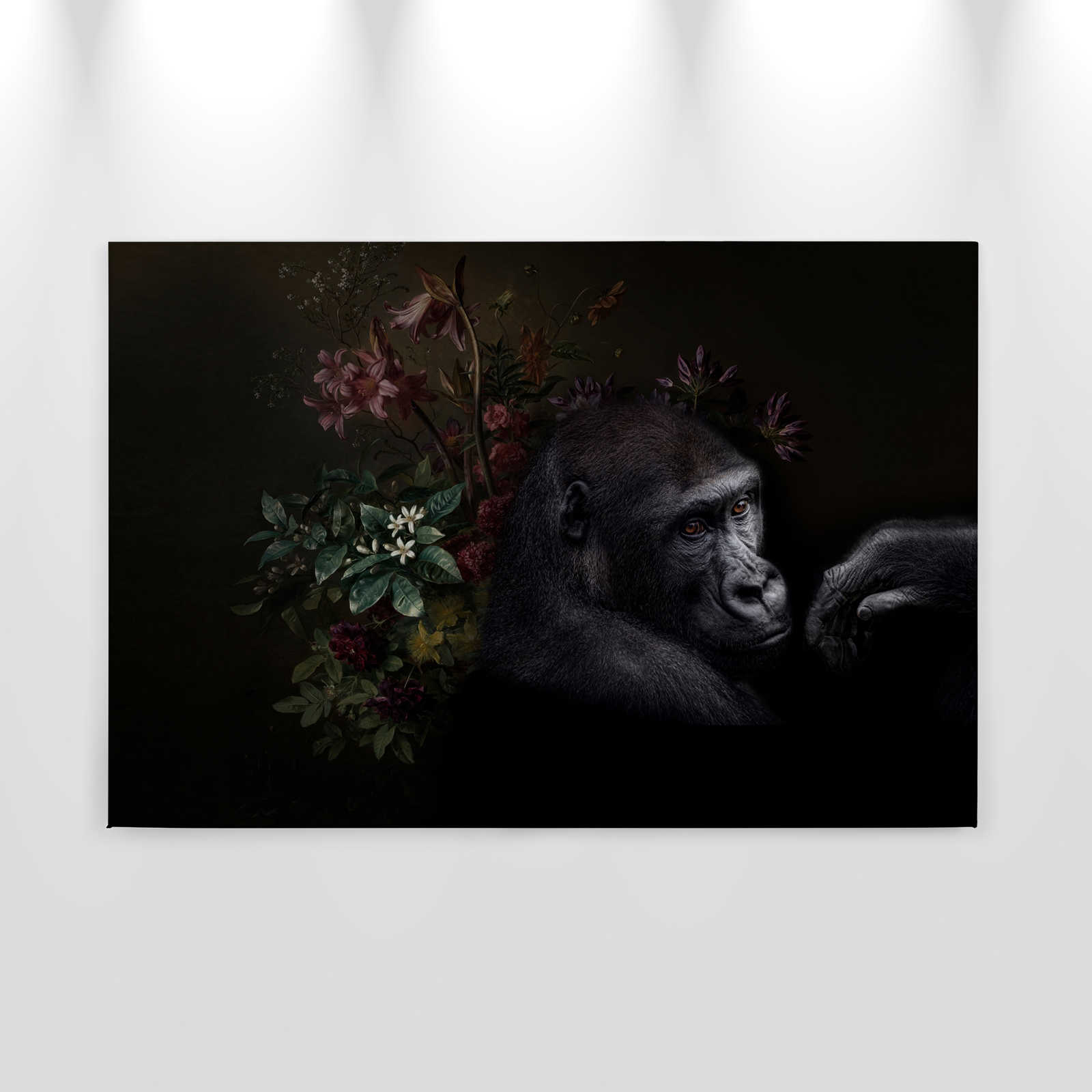             Quadro su tela Ritratto di gorilla con fiori - 0,90 m x 0,60 m
        