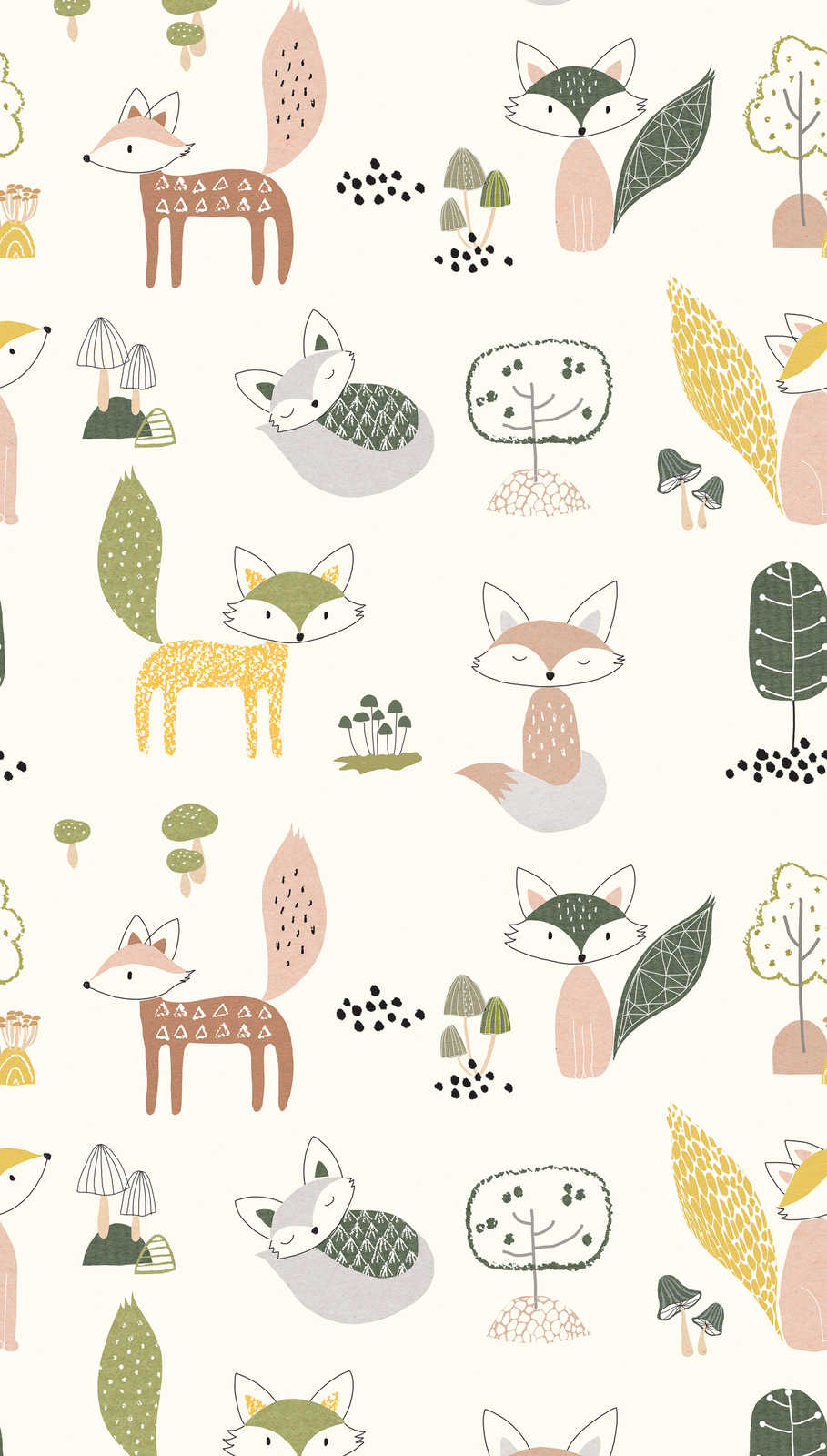             wallpaper child motif with foxes and mushrooms - coloured, cream, green
        