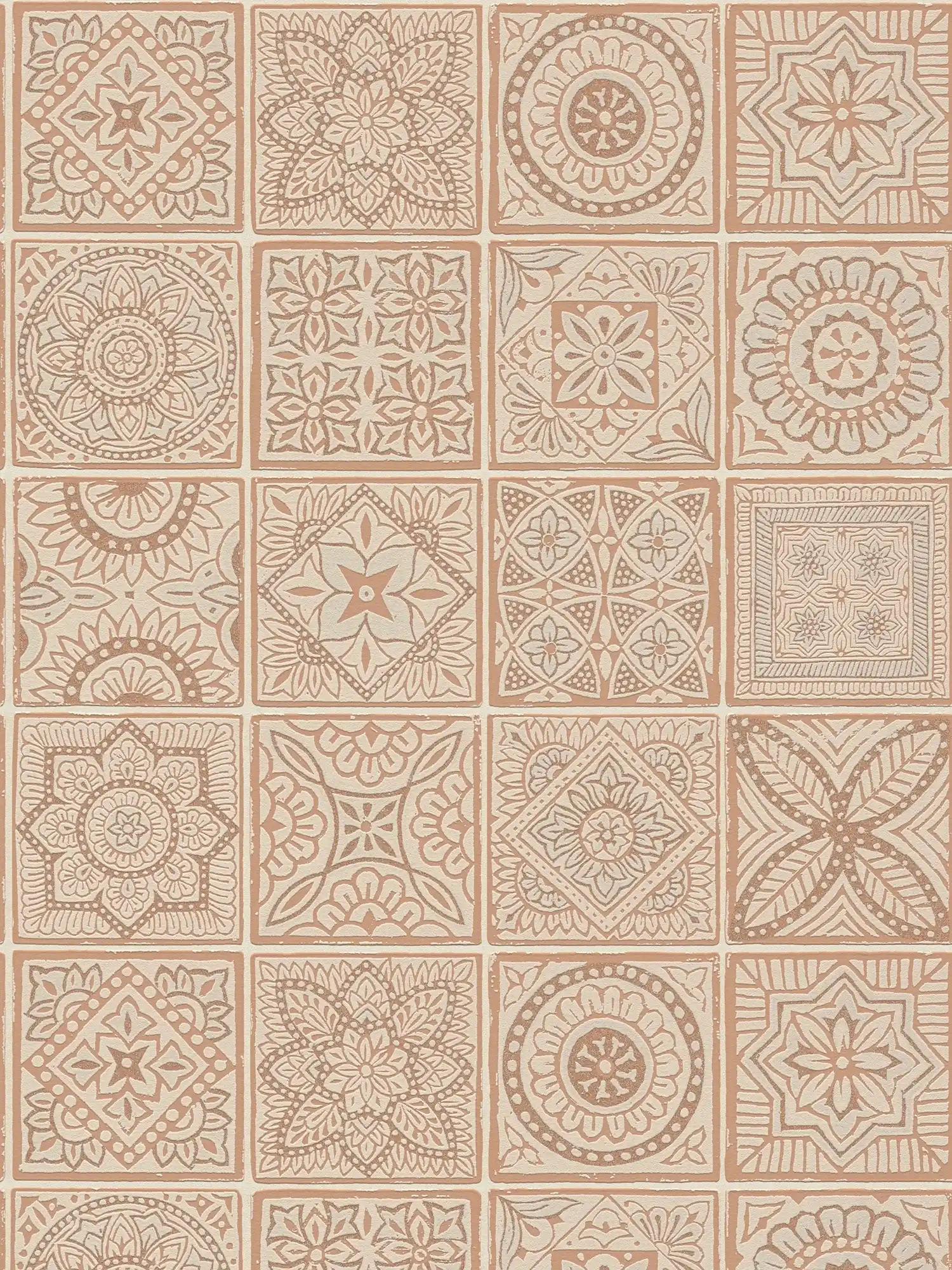Non-woven wallpaper with tile-look mosaic - pink, cream, metallic
