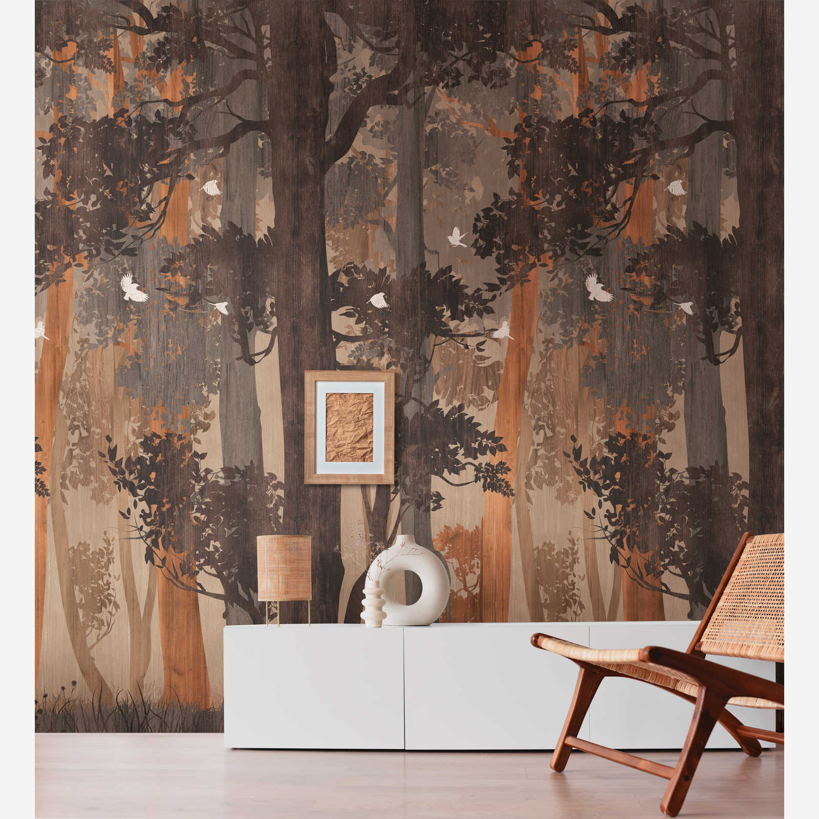         Non-woven wallpaper forest motif in autumn colours with birds - blue, beige, orange
    