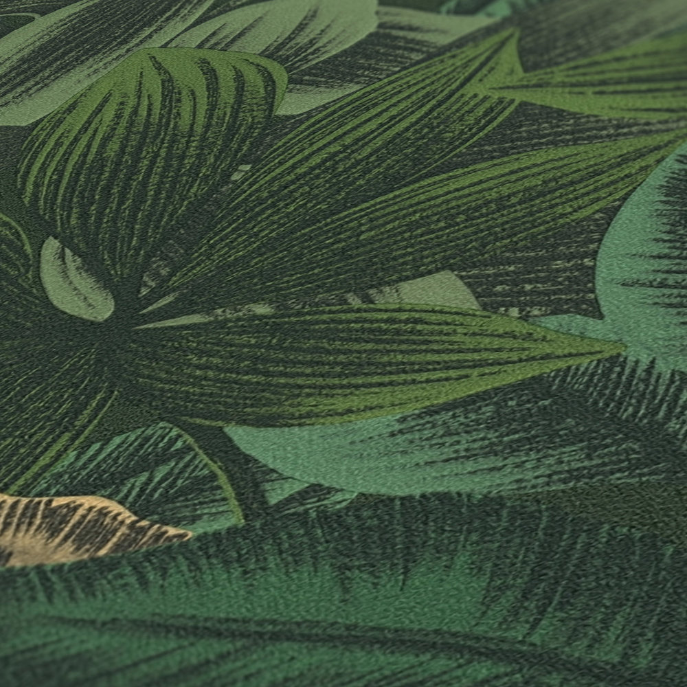             Papel pintado Selva con hojas tropicales - verde, amarillo
        
