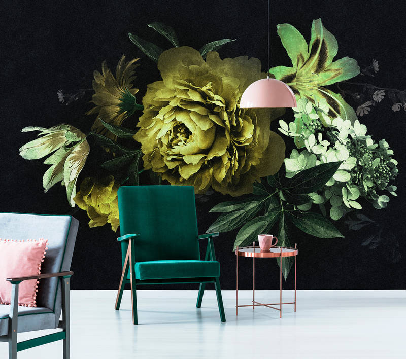             Drama queen 2 - Boeket bloemen behang in kartonnen textuur in groen - Geel, zwart | Premium Smooth Vliesbehang
        