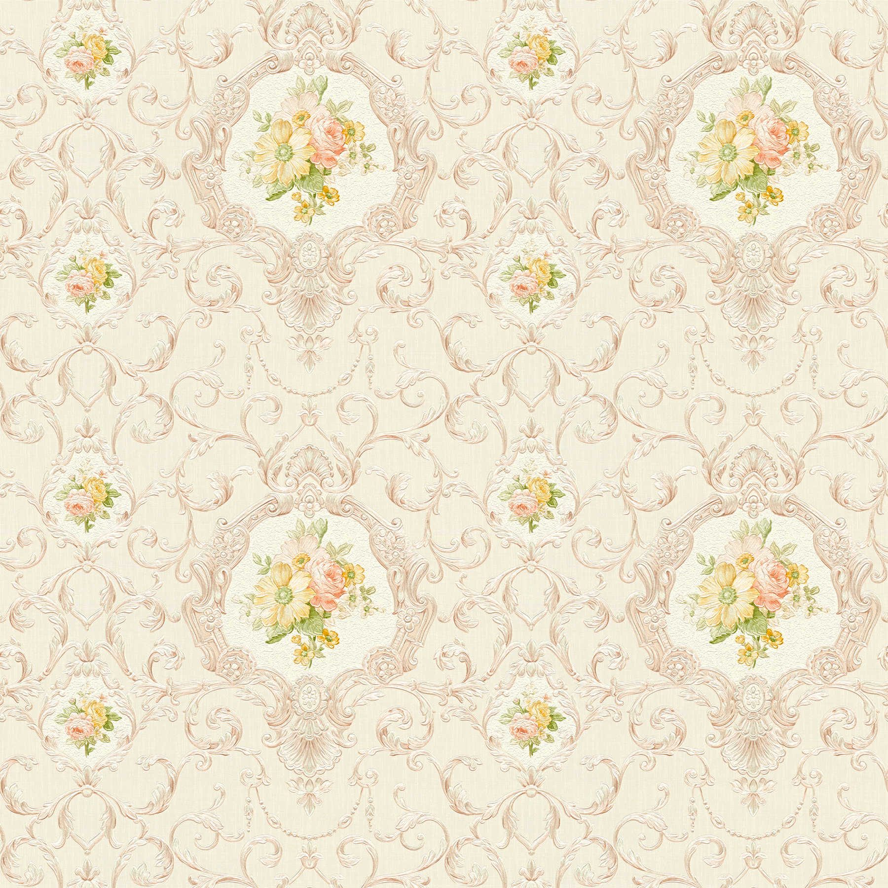 Wallpaper ornament pattern & floral bouquet - cream, metallic
