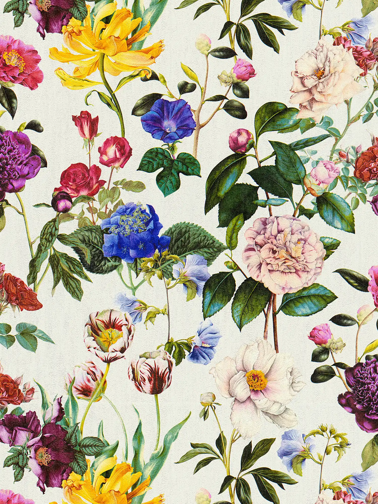 Papier peint fleuri avec des fleurs aux couleurs vives - multicolore, vert, gris
