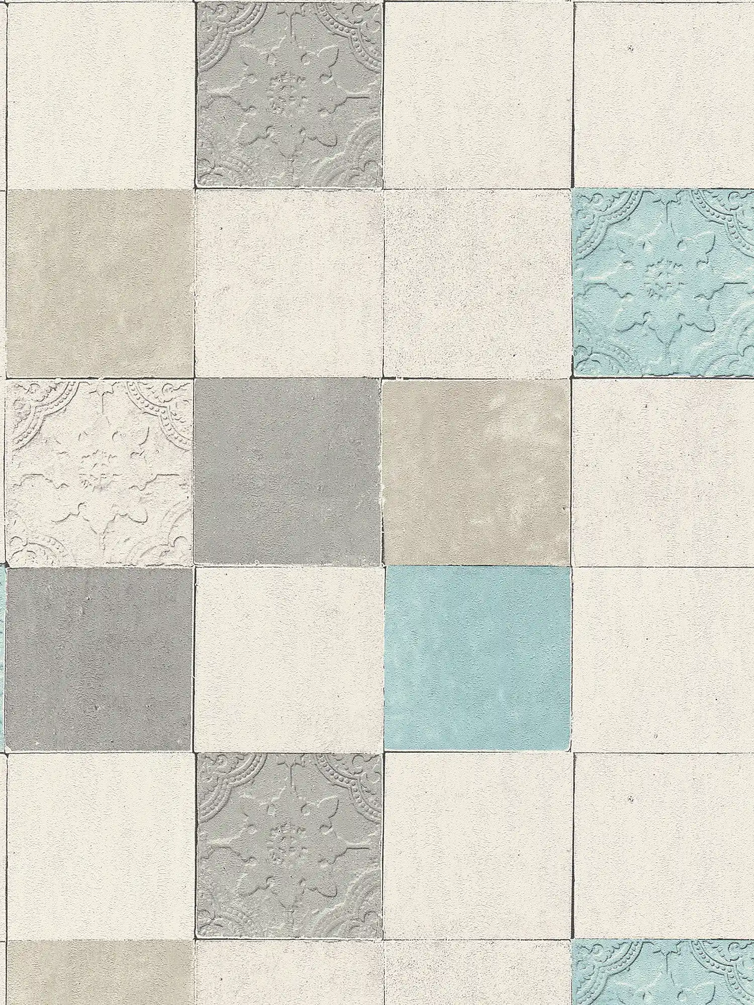 Papier peint carrelage mosaïque décorative - gris, bleu, crème
