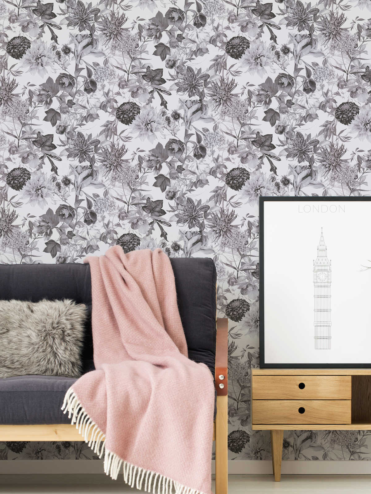             Black and white flowers wallpaper with floral pattern
        