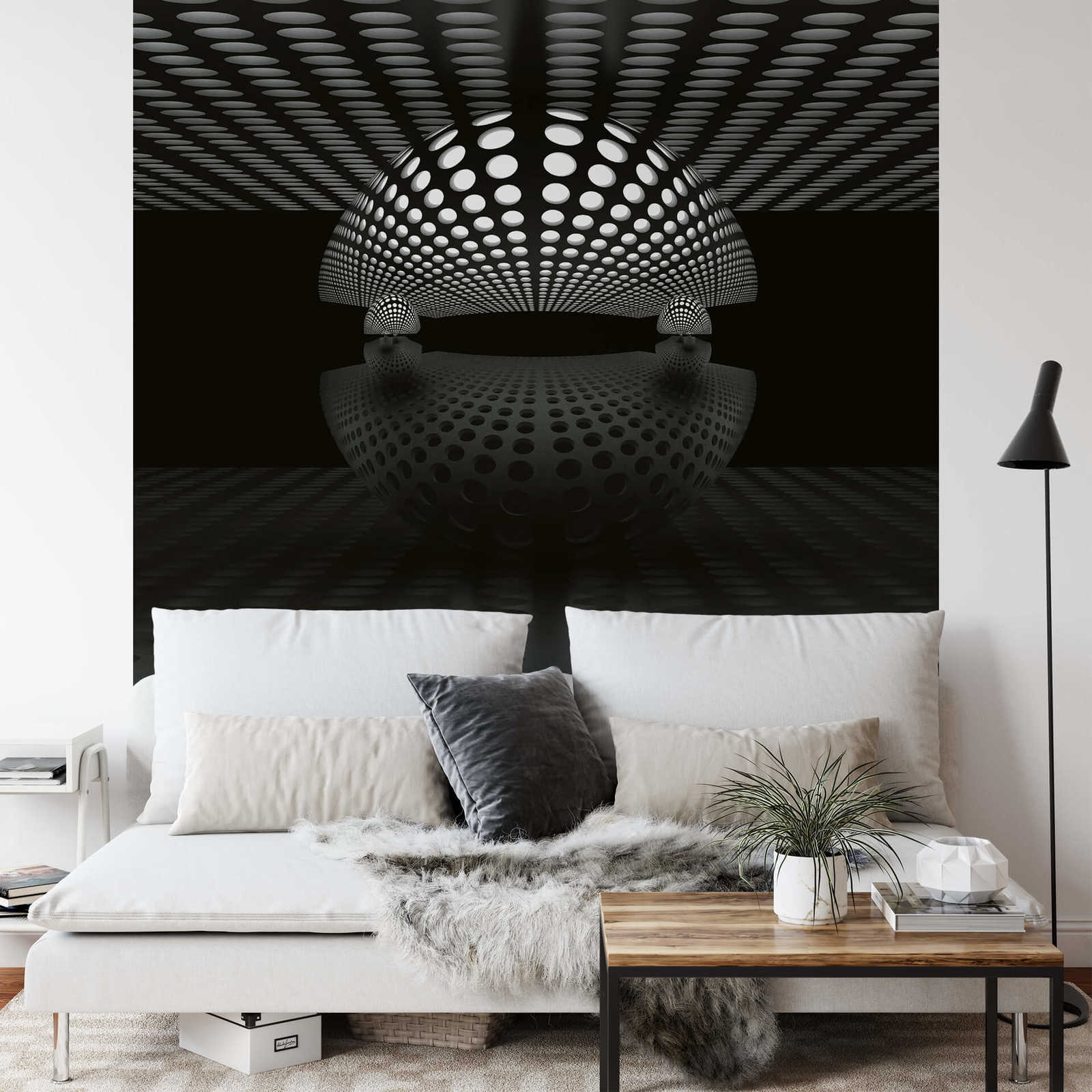             Fotomurali astratto con sfera 3D - Nero, grigio, bianco
        