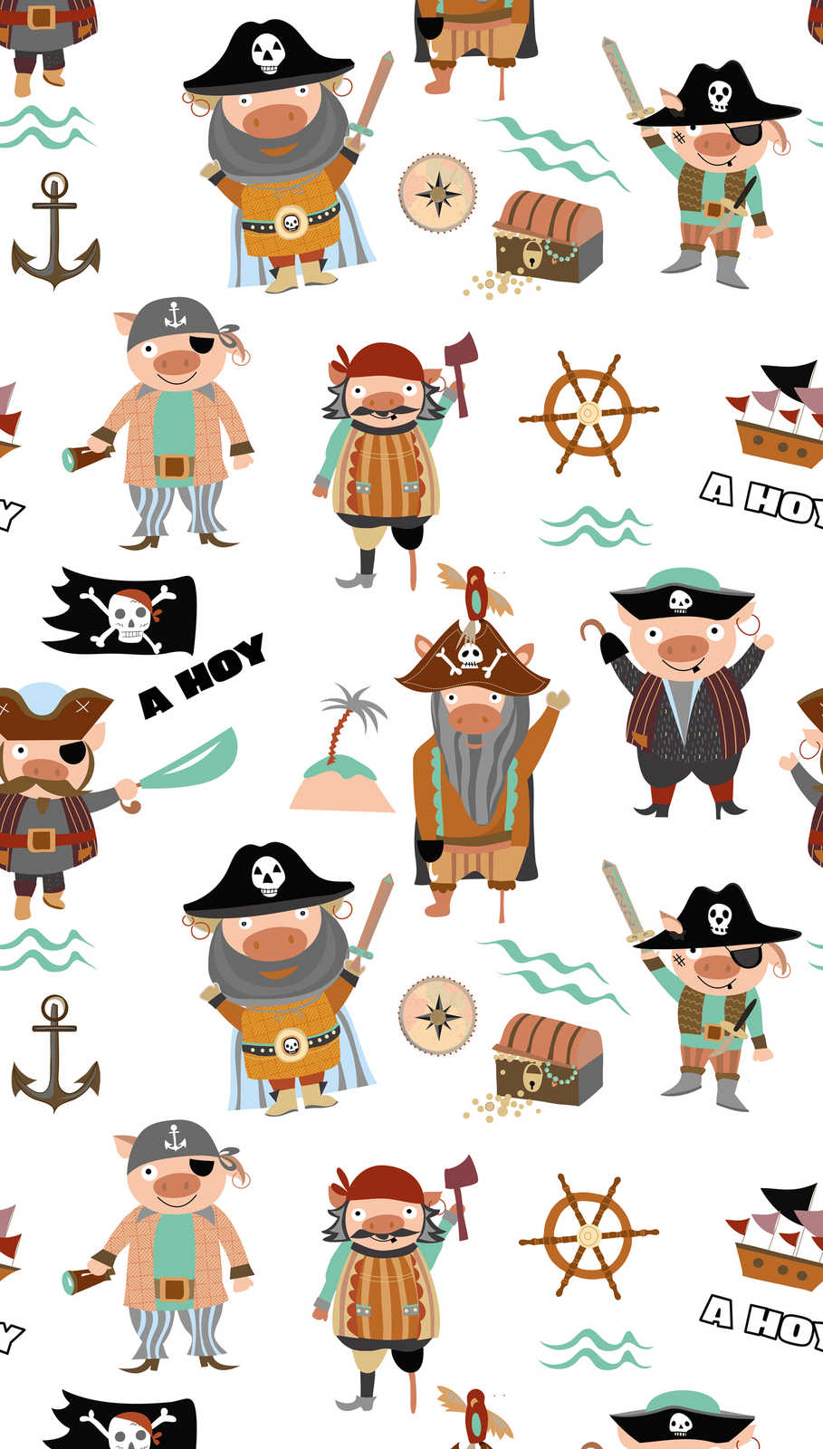             Children's wallpaper with various pirates and symbols - colourful, cream, brown
        