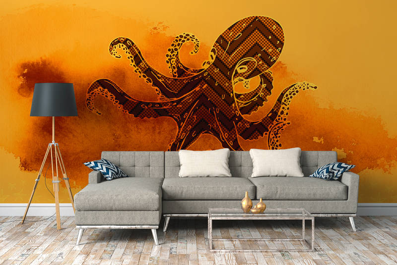            Octopus mural graphic design & starfish - orange, yellow, red
        