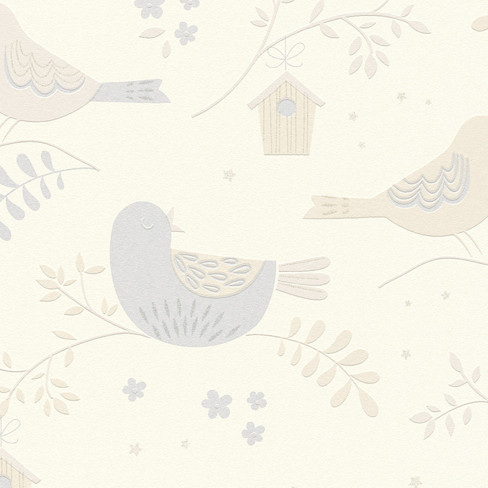             Papier peint oiseaux & fleurs pour chambre de bébé- beige, gris
        