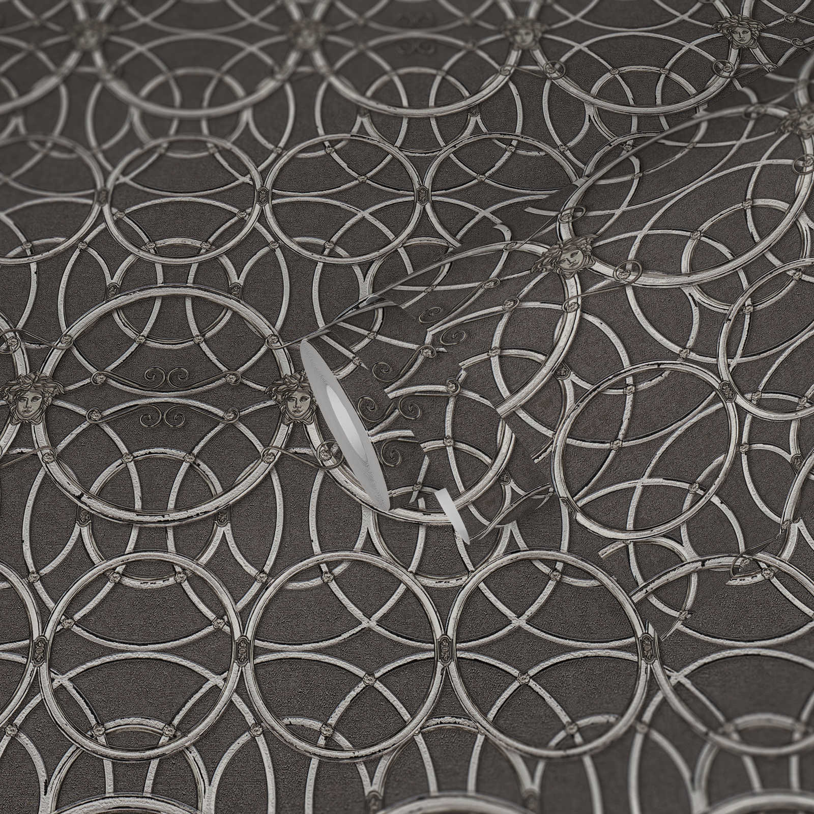             VERSACE Home wallpaper circle pattern and Medusa - silver, grey
        