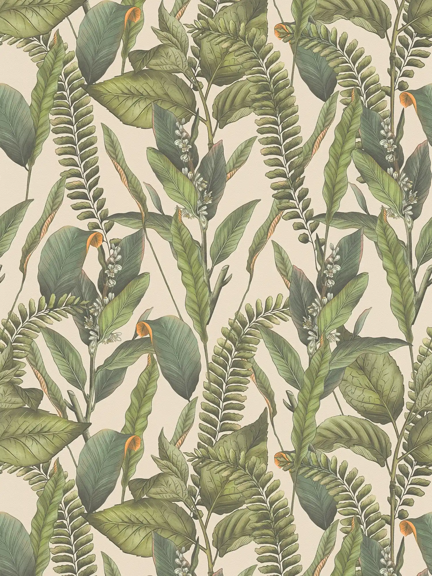 Floral jungle wallpaper with leaves & flowers textured matt - cream, green, orange
