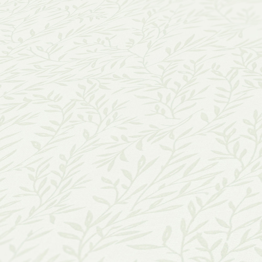             Papier peint avec rinceaux de feuilles style maison de campagne - blanc, vert
        