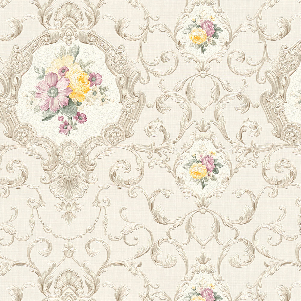             behang neo-barok bloemen ornament patroon - veelkleurig, crème
        