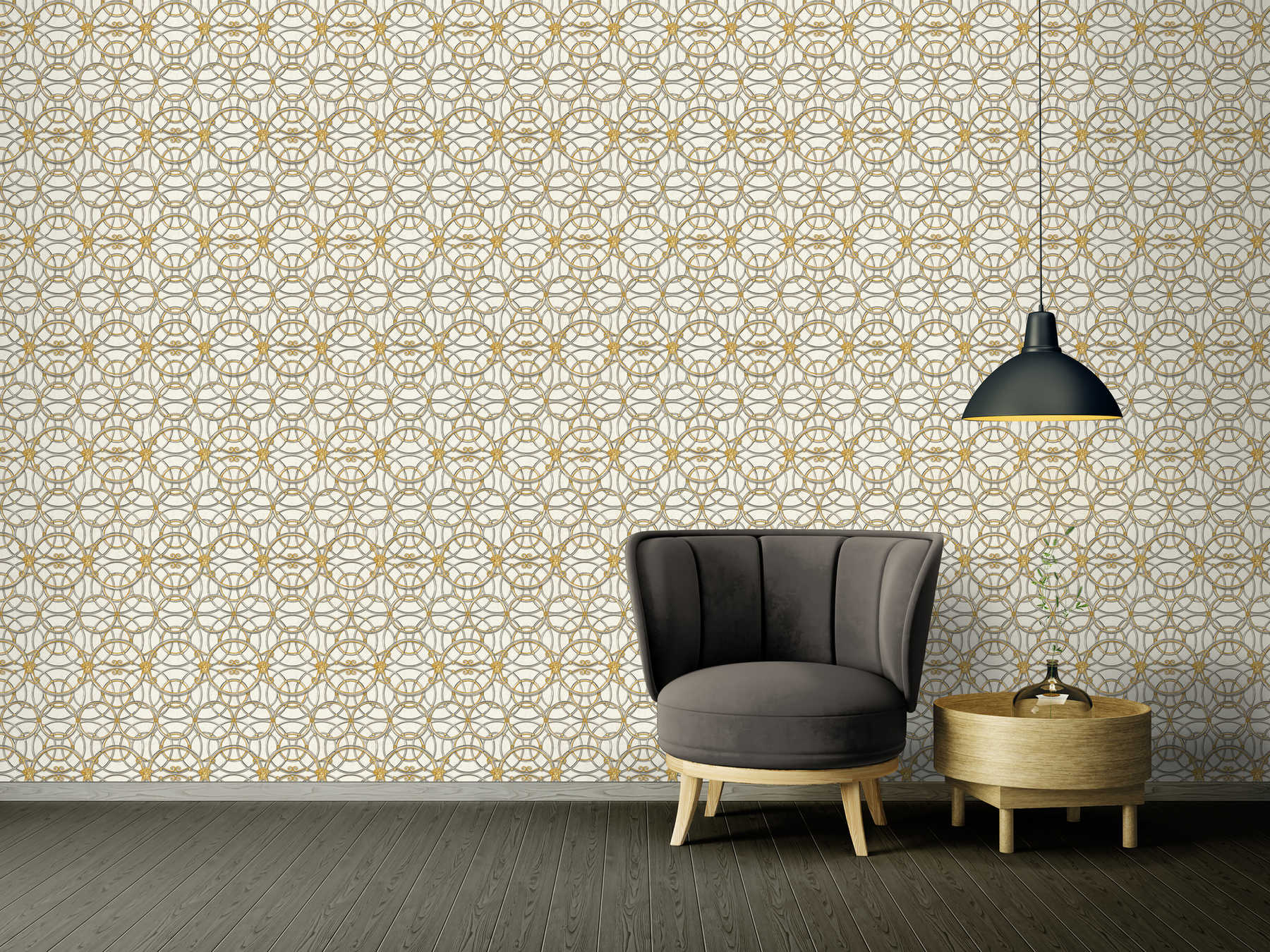             VERSACE Home wallpaper circle pattern and Medusa - gold, silver, white
        