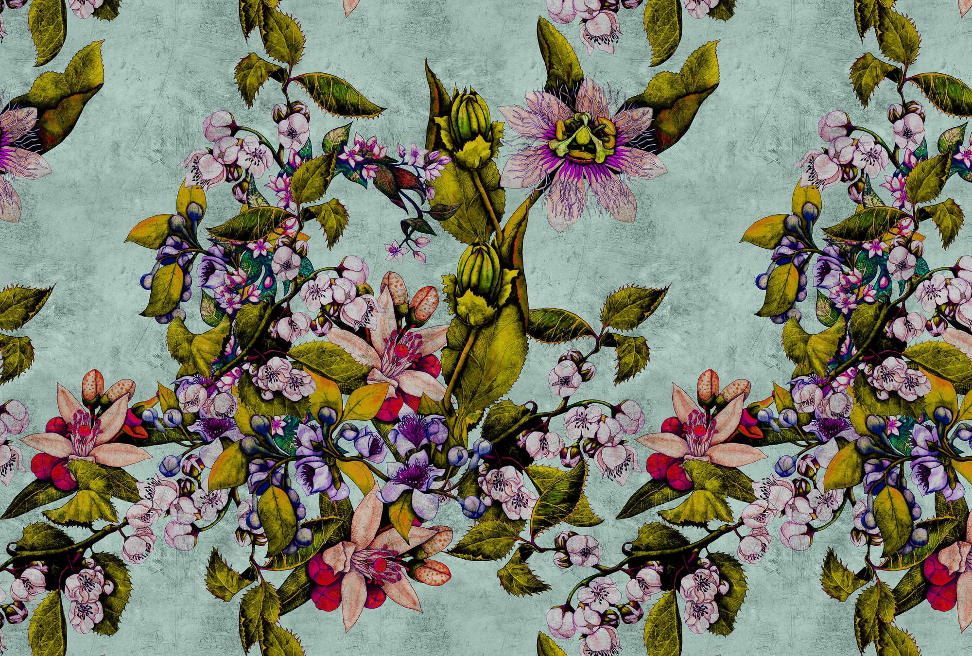             Tropical Passion 2 - Papier peint panoramique structure grattée avec fleurs et bourgeons - vert | Nacré intissé lisse
        