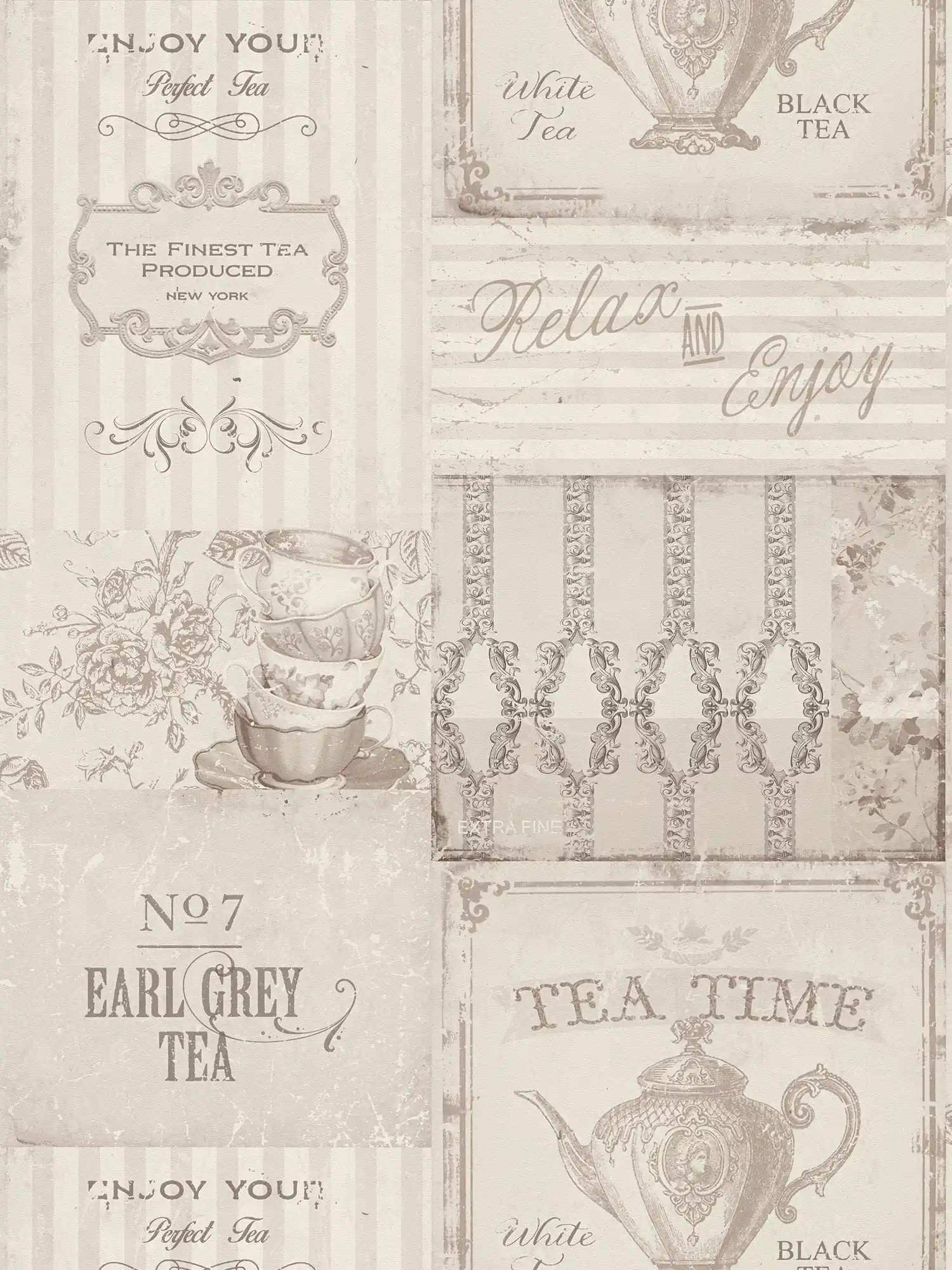 Pattern wallpaper Tea Time collage in country style - grey
