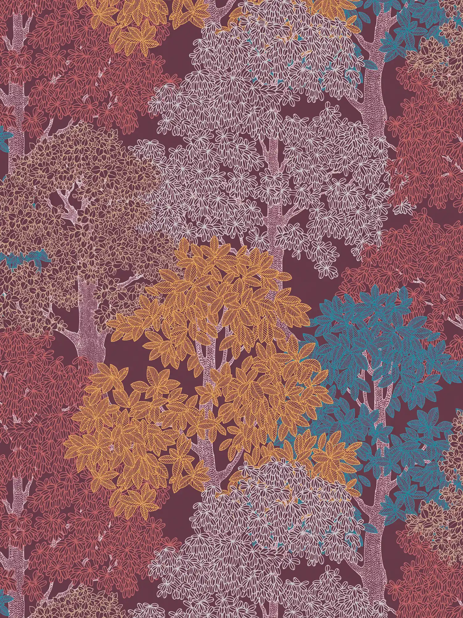         Papier peint bordeaux avec motif de forêt & arbres style dessin - violet, rouge, jaune
    