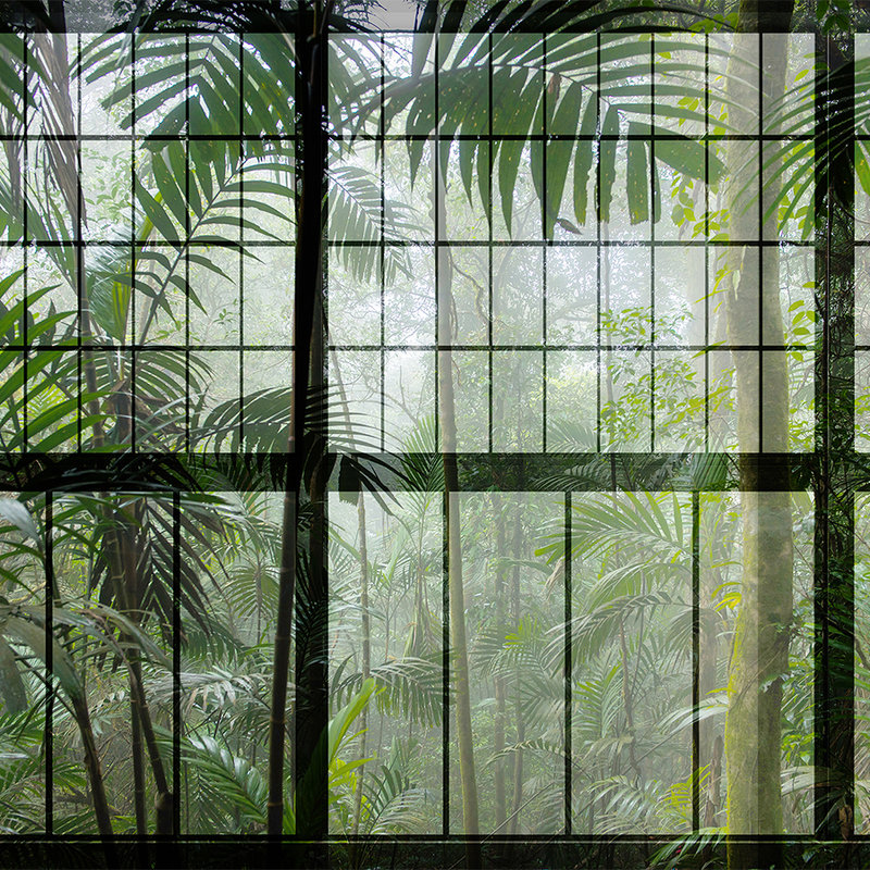 Rainforest 1 - Loft raamschildering met uitzicht op de jungle - Groen, Zwart | Pearl glad fleece
