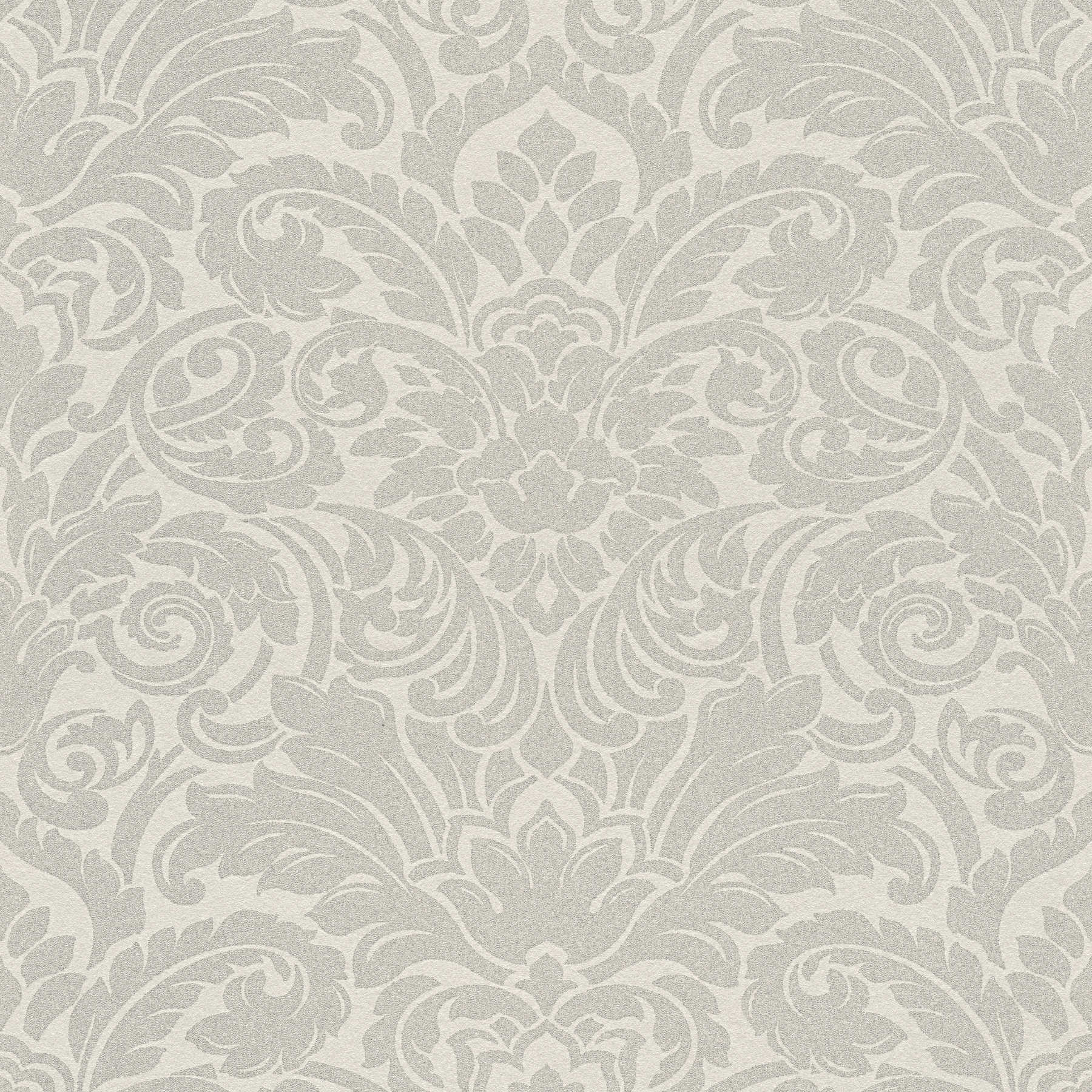 Papel pintado ornamental con efecto metálico y diseño floral - plata, crema
