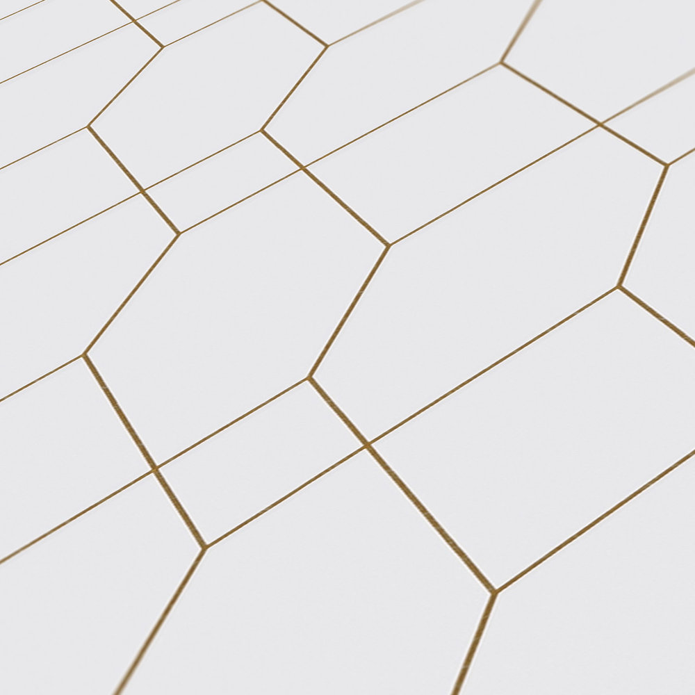             Zelfklevend behangpapier | Geometrisch lijnenpatroon in goud - wit, metallic
        