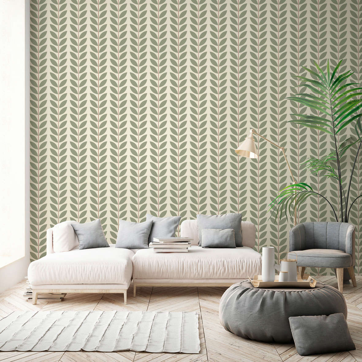             Leaf pattern non-woven wallpaper in retro look - beige, green, red
        