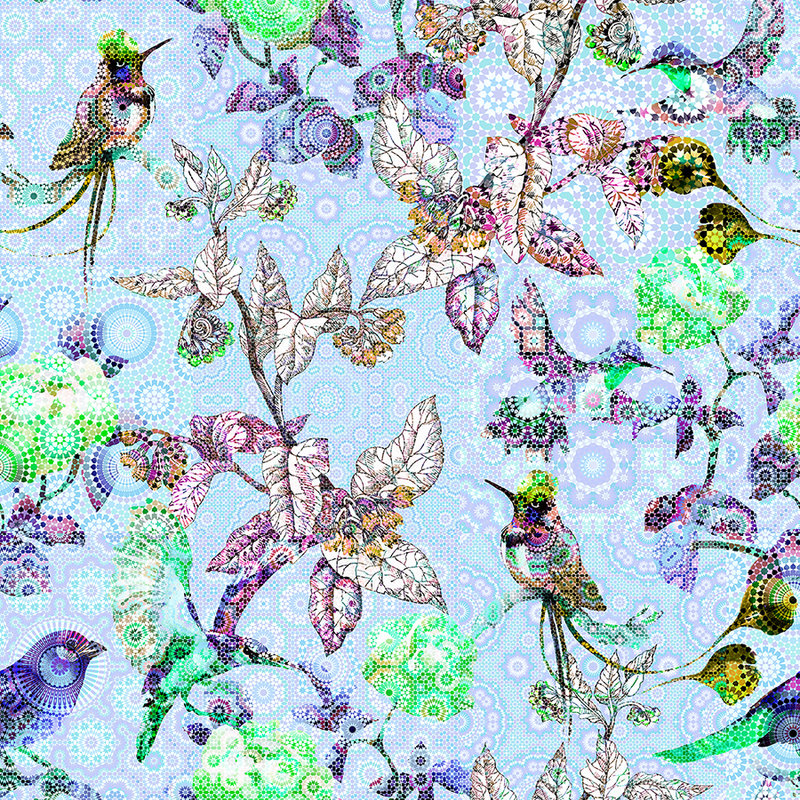         Mosaic style flowers & birds mural - Blue, Green
    