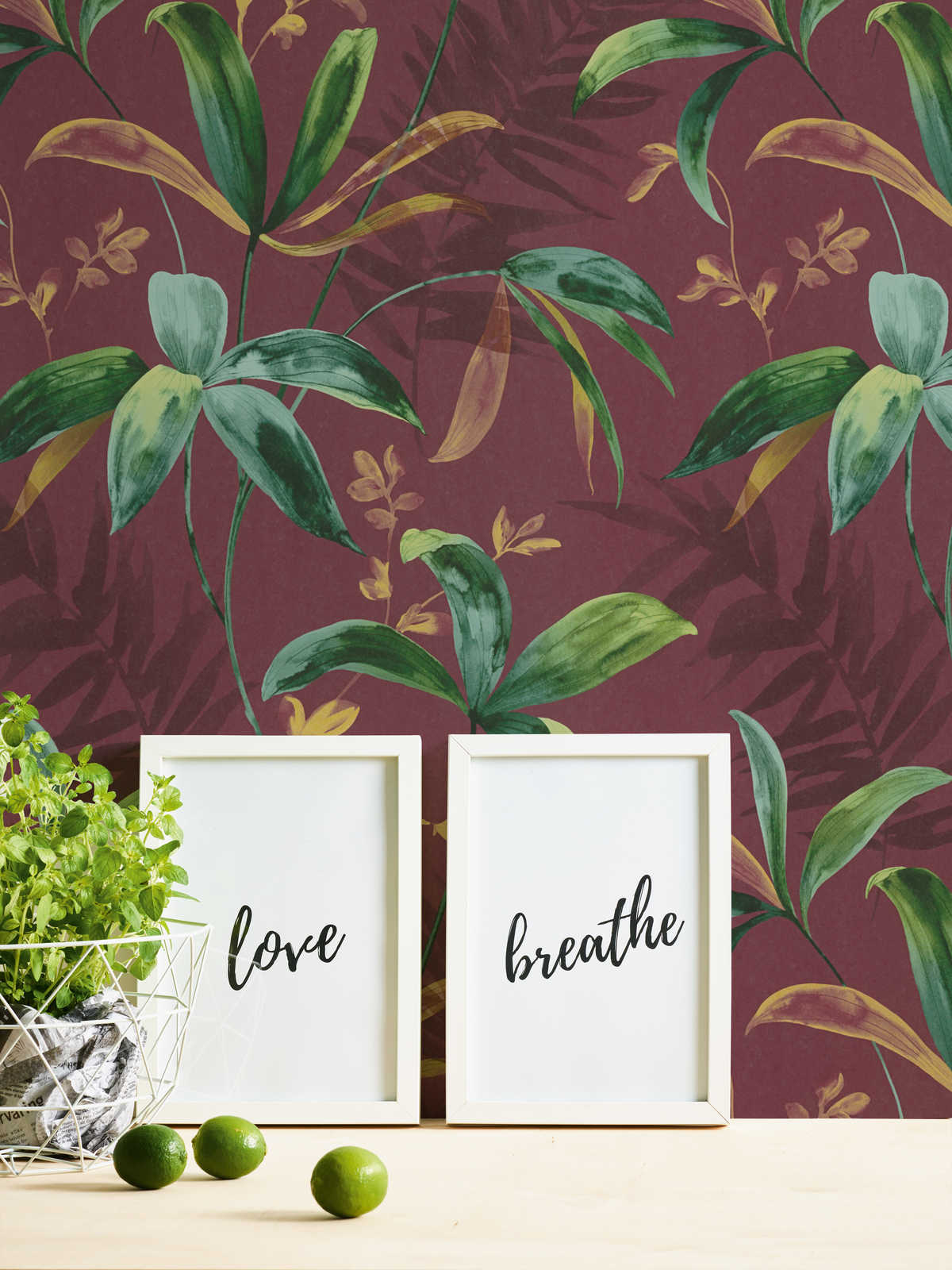             Dark red wallpaper with green leaves in watercolour style - red, green, yellow
        