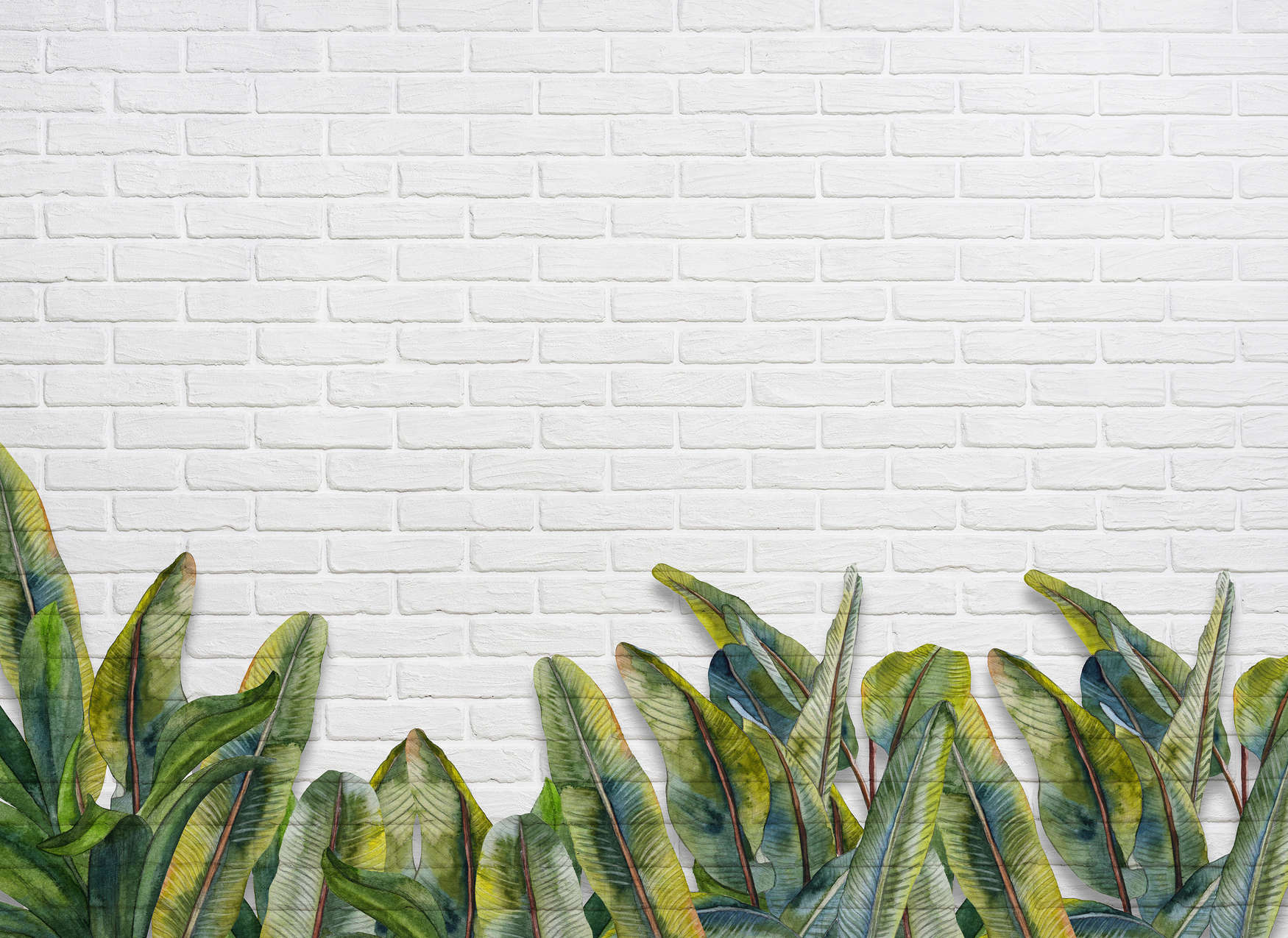             Fotomurali con foglie davanti a un muro di mattoni bianchi - Verde, Bianco
        